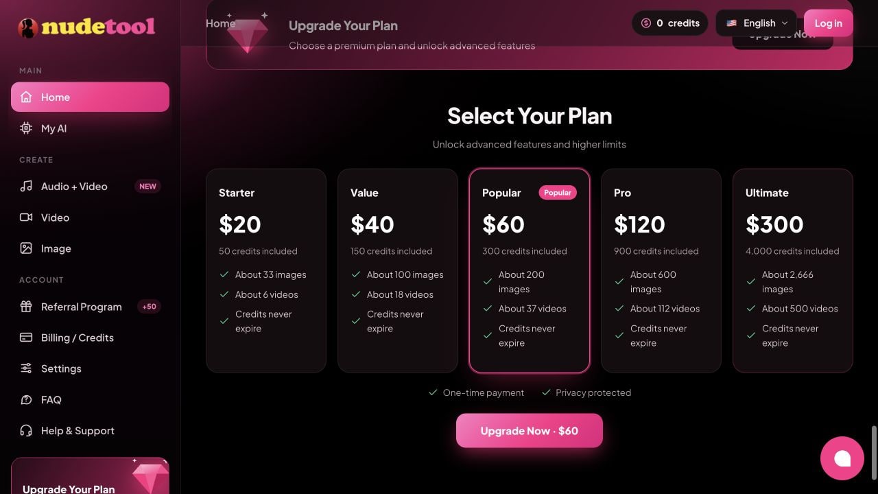 NudeTool.ai official one-time credit packages, from $20 for 50 credits to $300 for 4,000 credits, captured 14 October 2026